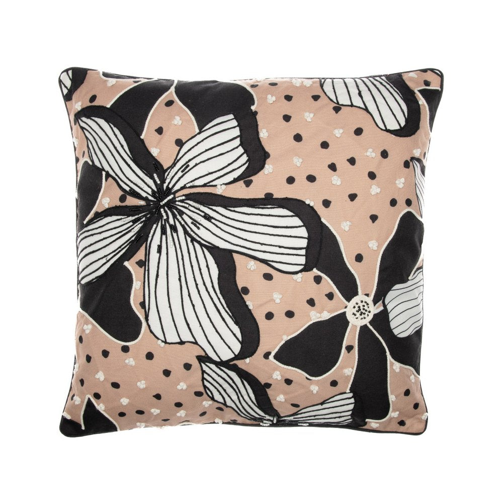 20" Beige And Black Floral Throw Pillow Cover