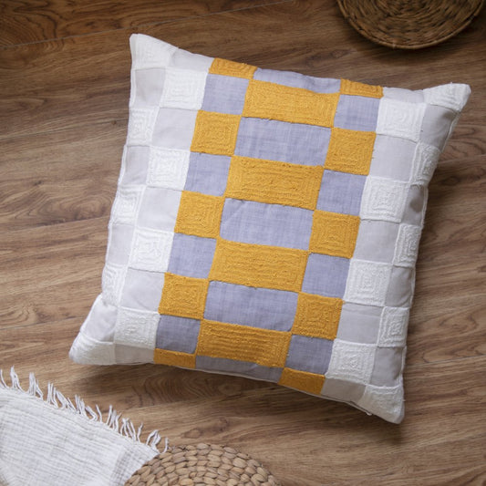 20" Gray Yellow And White Check Throw Pillow Cover