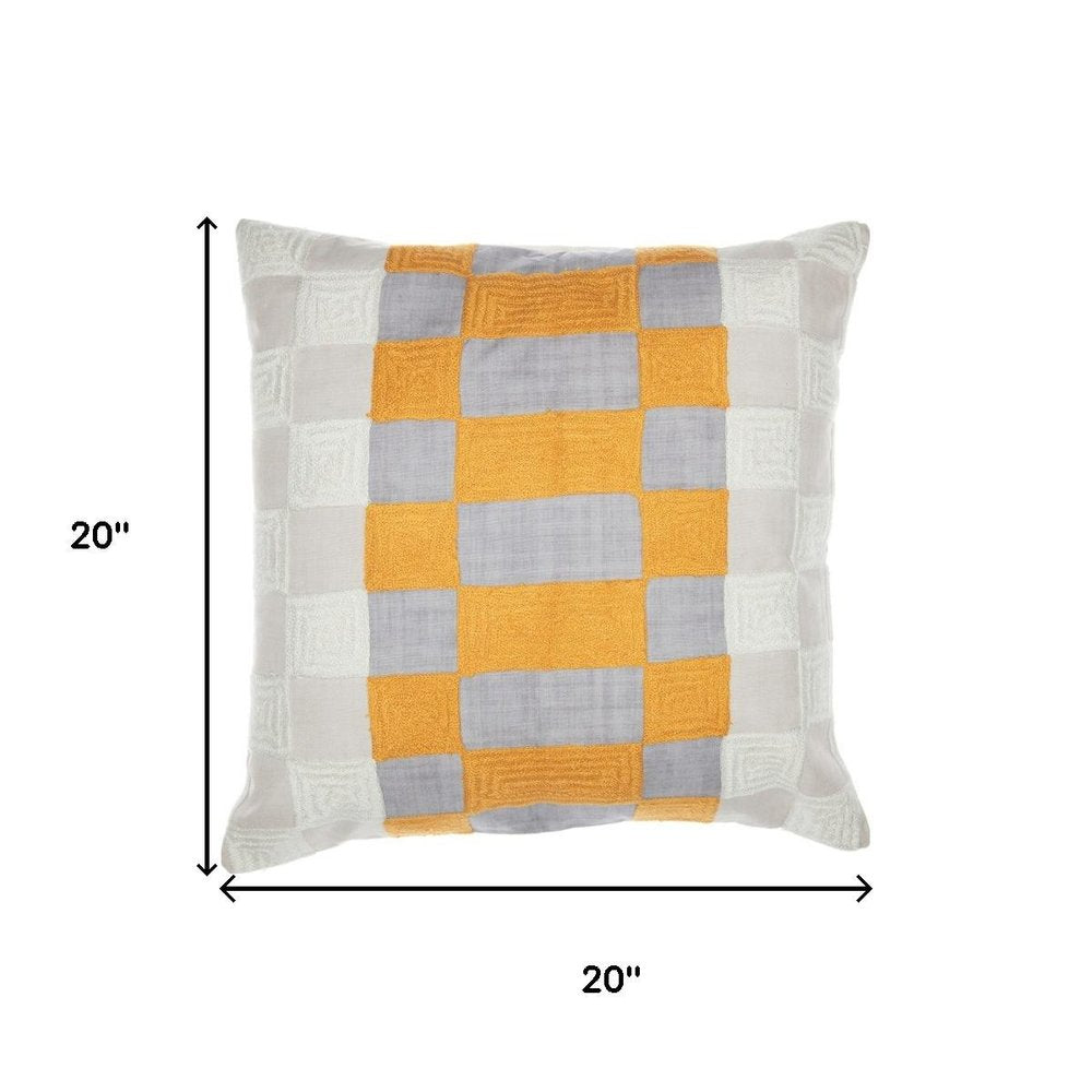 20" Gray Yellow And White Check Throw Pillow Cover