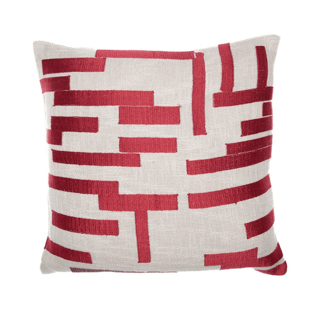 24" Red And Ivory Geometric Cotton Blend Throw Pillow Cover