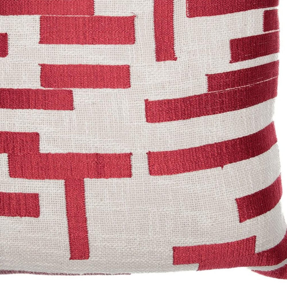 24" Red And Ivory Geometric Cotton Blend Throw Pillow Cover