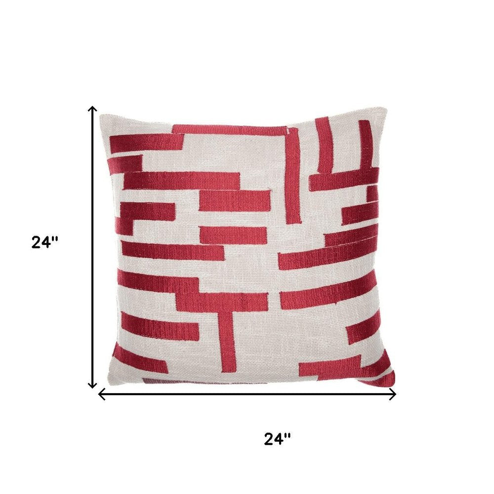 24" Red And Ivory Geometric Cotton Blend Throw Pillow Cover