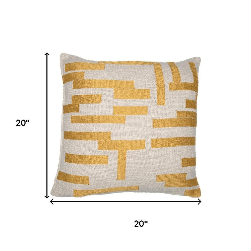20" Yellow And Ivory Geometric Cotton Blend Throw Pillow Cover