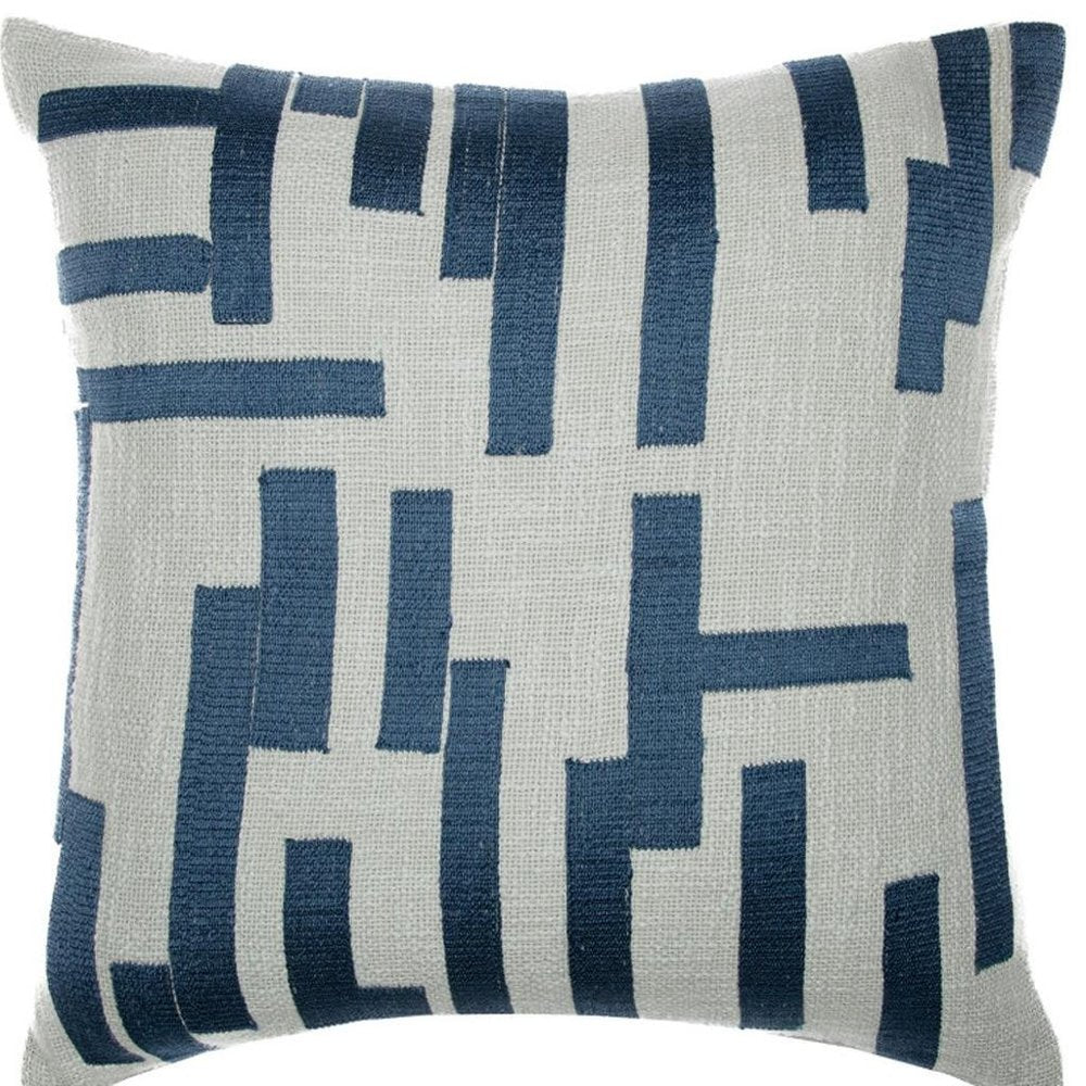 20" Blue And Ivory Geometric Cotton Blend Throw Pillow Cover