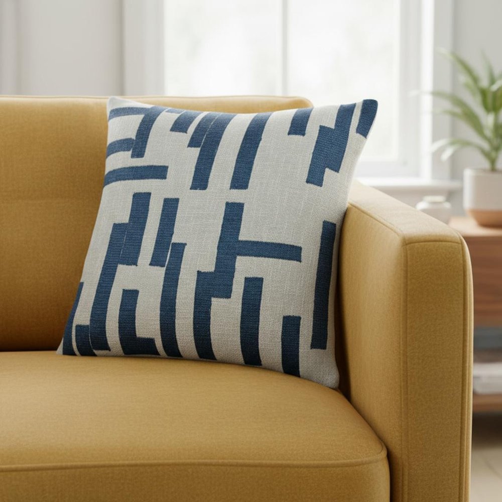 24" Blue And Ivory Geometric Cotton Blend Throw Pillow Cover