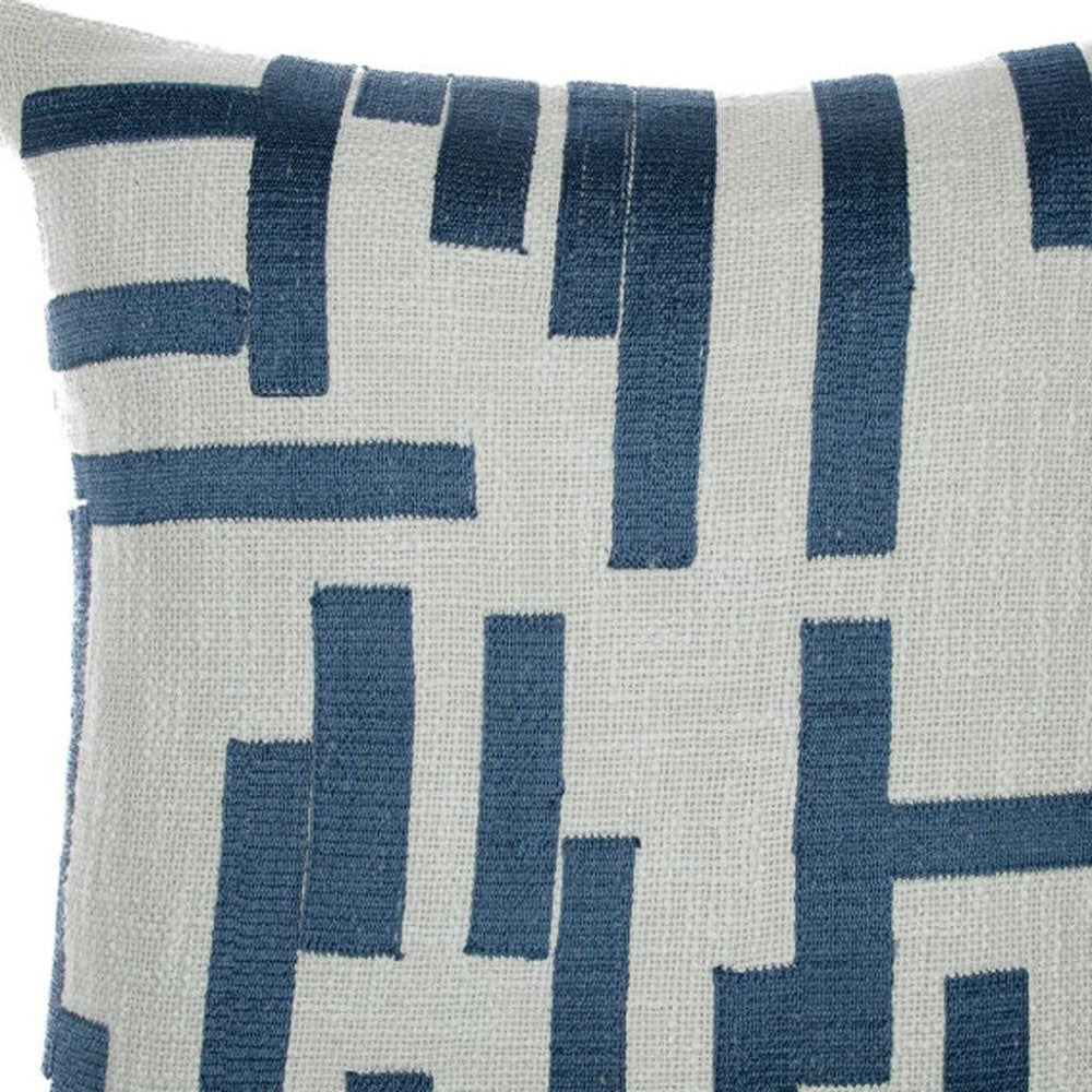 24" Blue And Ivory Geometric Cotton Blend Throw Pillow Cover