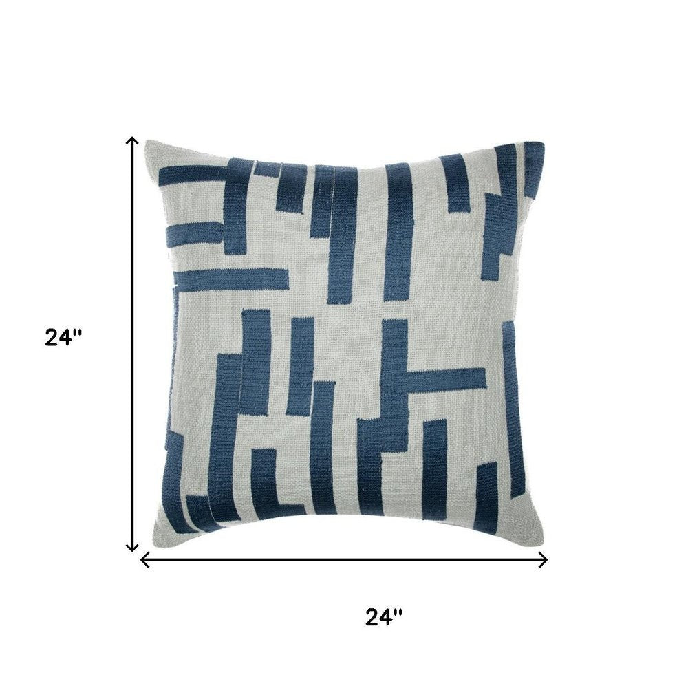 24" Blue And Ivory Geometric Cotton Blend Throw Pillow Cover