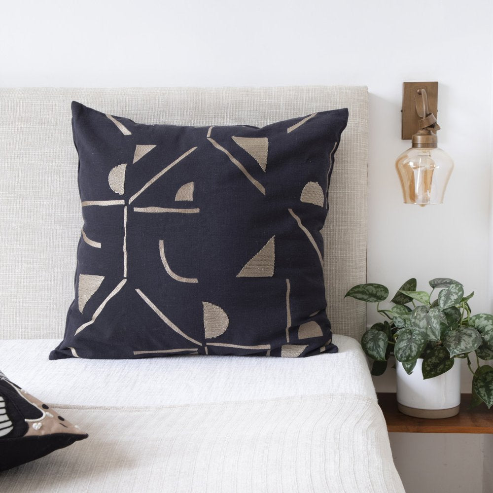 20" Black And Beige Geometric Cotton Blend Throw Pillow Cover