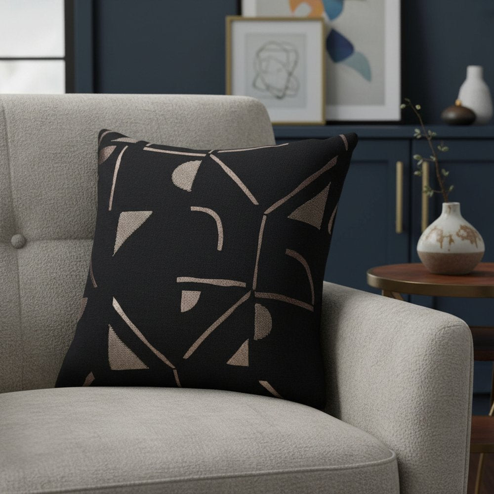 24" Black And Beige Geometric Cotton Blend Throw Pillow Cover
