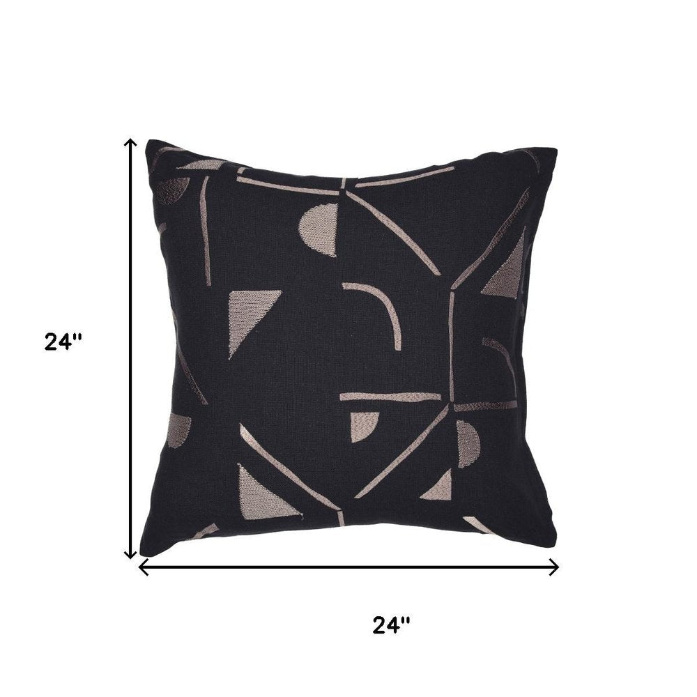 24" Black And Beige Geometric Cotton Blend Throw Pillow Cover