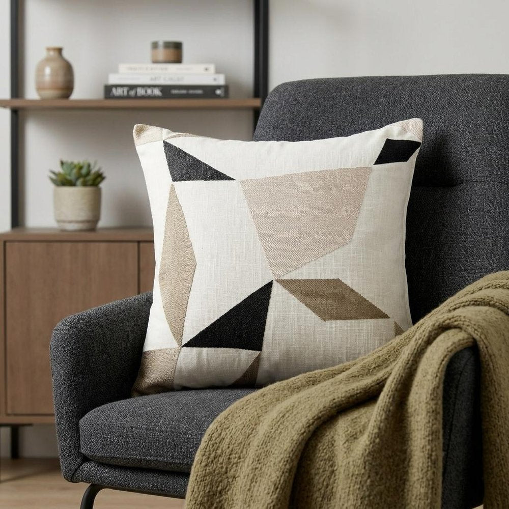 20" Ivory And Taupe Geometric Cotton Blend Throw Pillow Cover