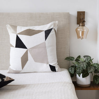 24" Ivory And Taupe Geometric Cotton Blend Throw Pillow Cover