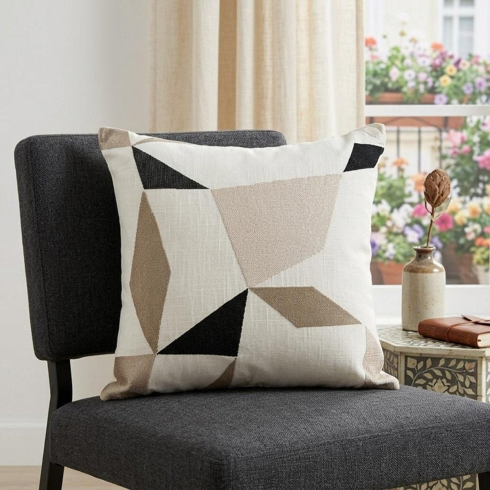 24" Ivory And Taupe Geometric Cotton Blend Throw Pillow Cover