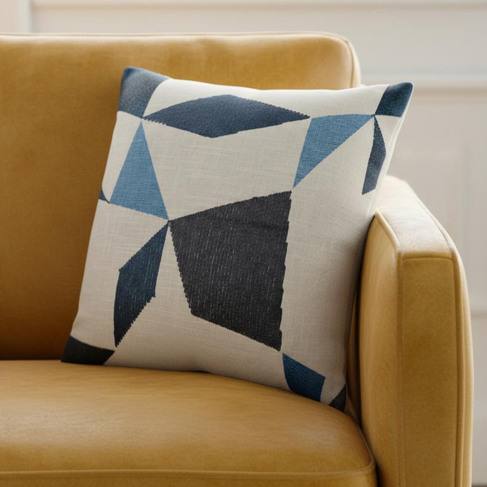24" Ivory And Blue Geometric Cotton Blend Throw Pillow Cover
