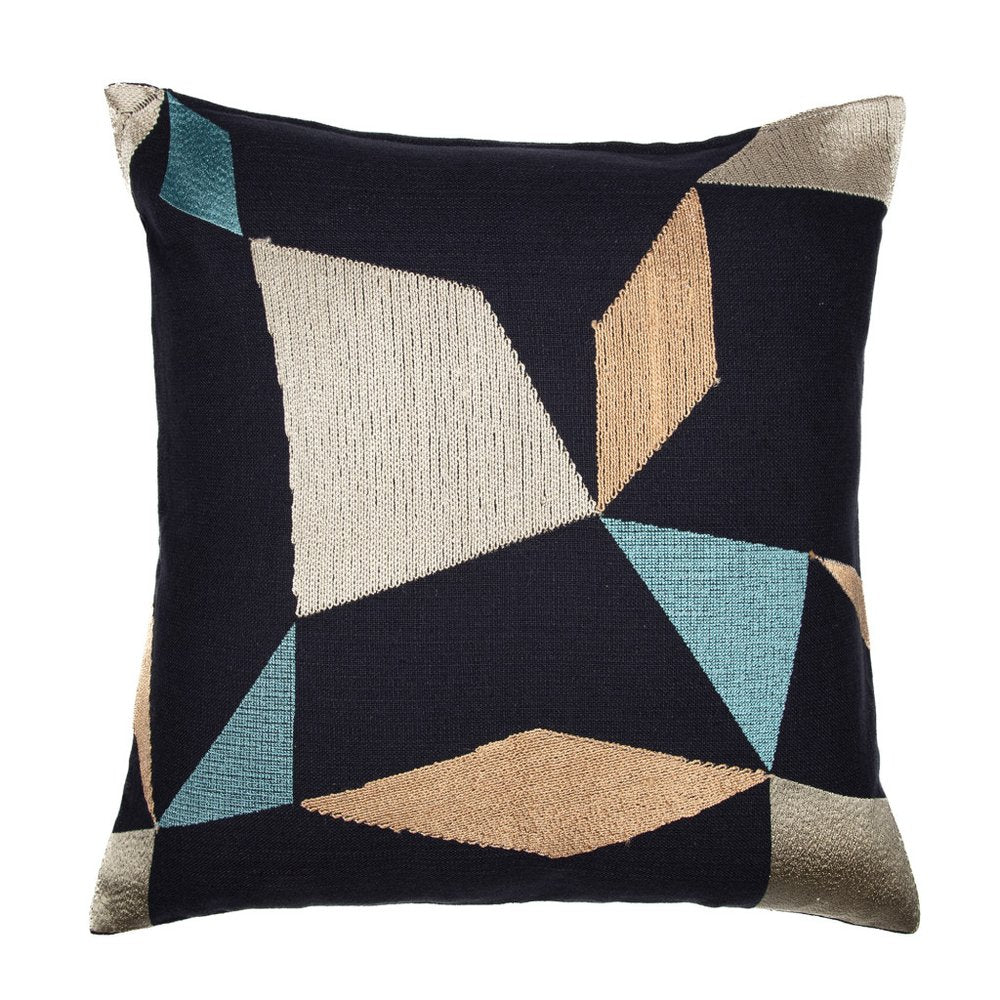 20" Denim Blue And Beige Geometric Cotton Blend Throw Pillow Cover