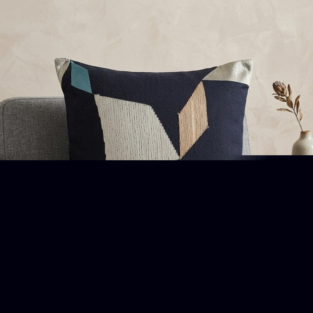 24" Denim Blue And Beige Geometric Cotton Blend Throw Pillow Cover