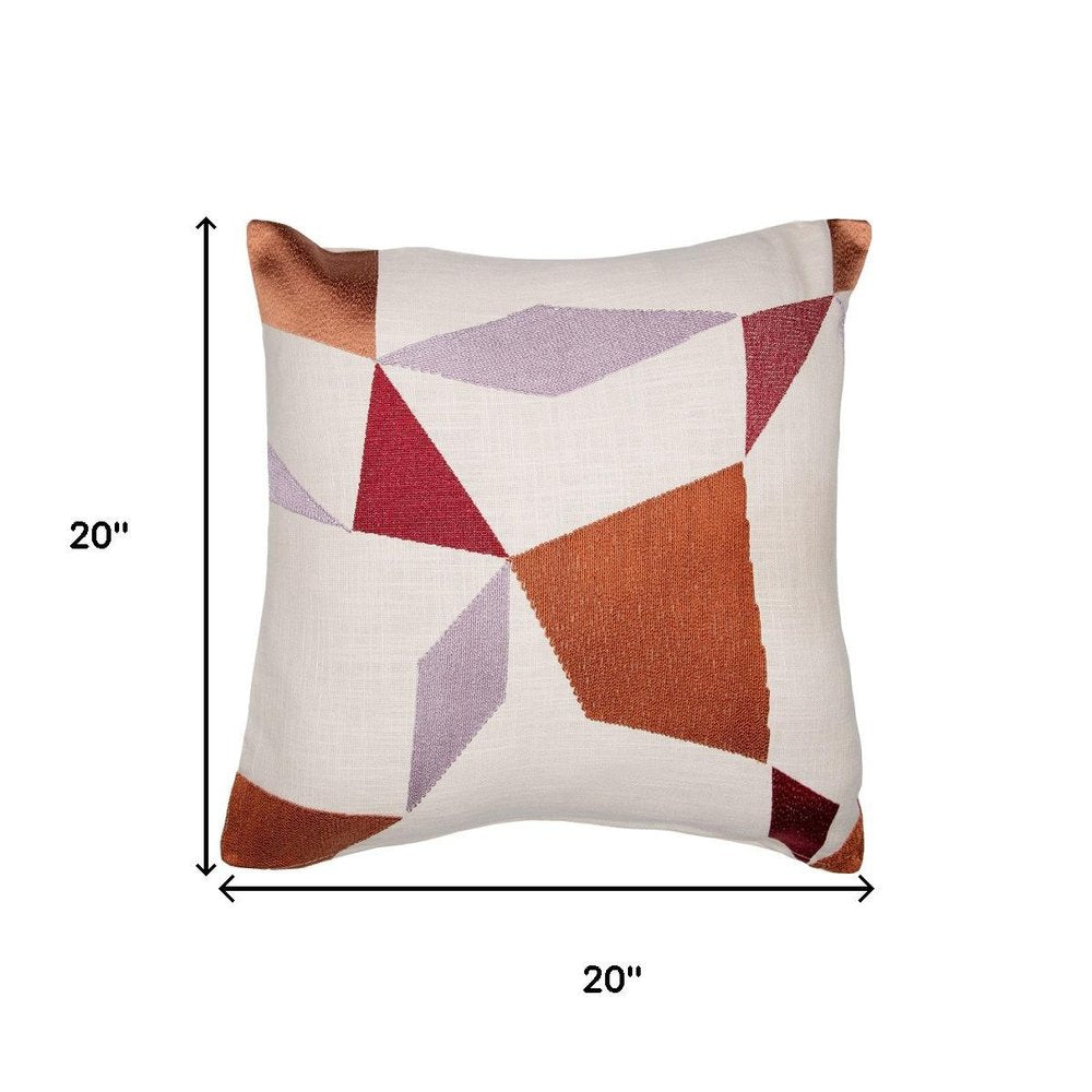 20" Ivory Brown And Red Geometric Cotton Blend Throw Pillow Cover