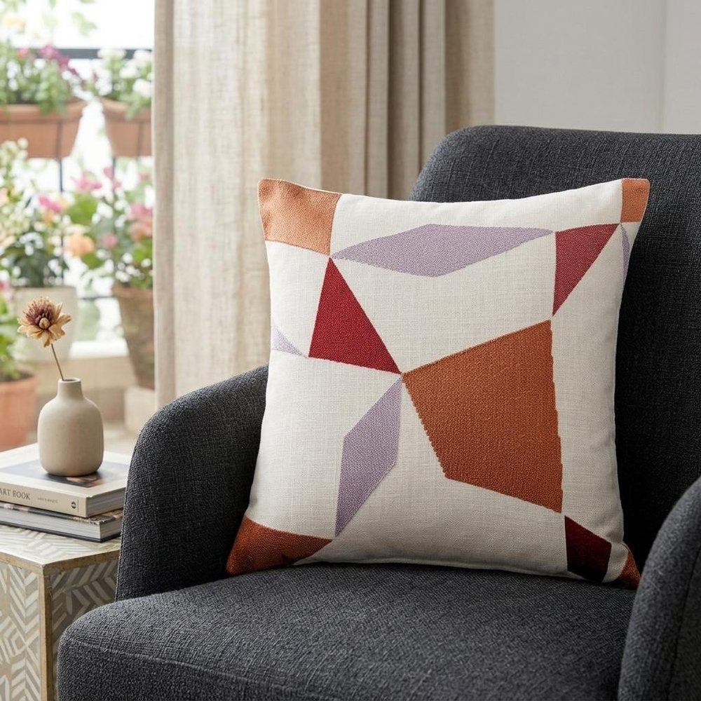 20" Ivory Brown And Red Geometric Cotton Blend Throw Pillow Cover