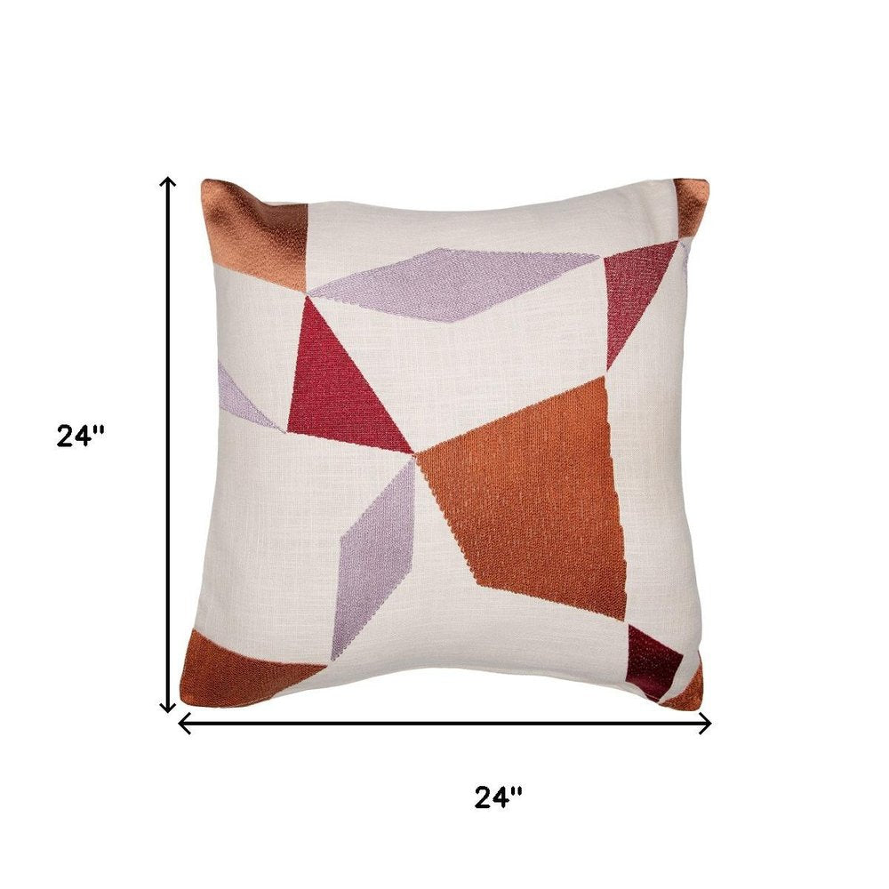 24" White And Orange Geometric Cotton Blend Throw Pillow Cover