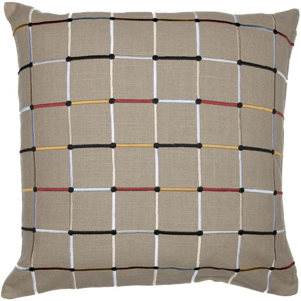 24" Beige And White Check Cotton Blend Throw Pillow Cover