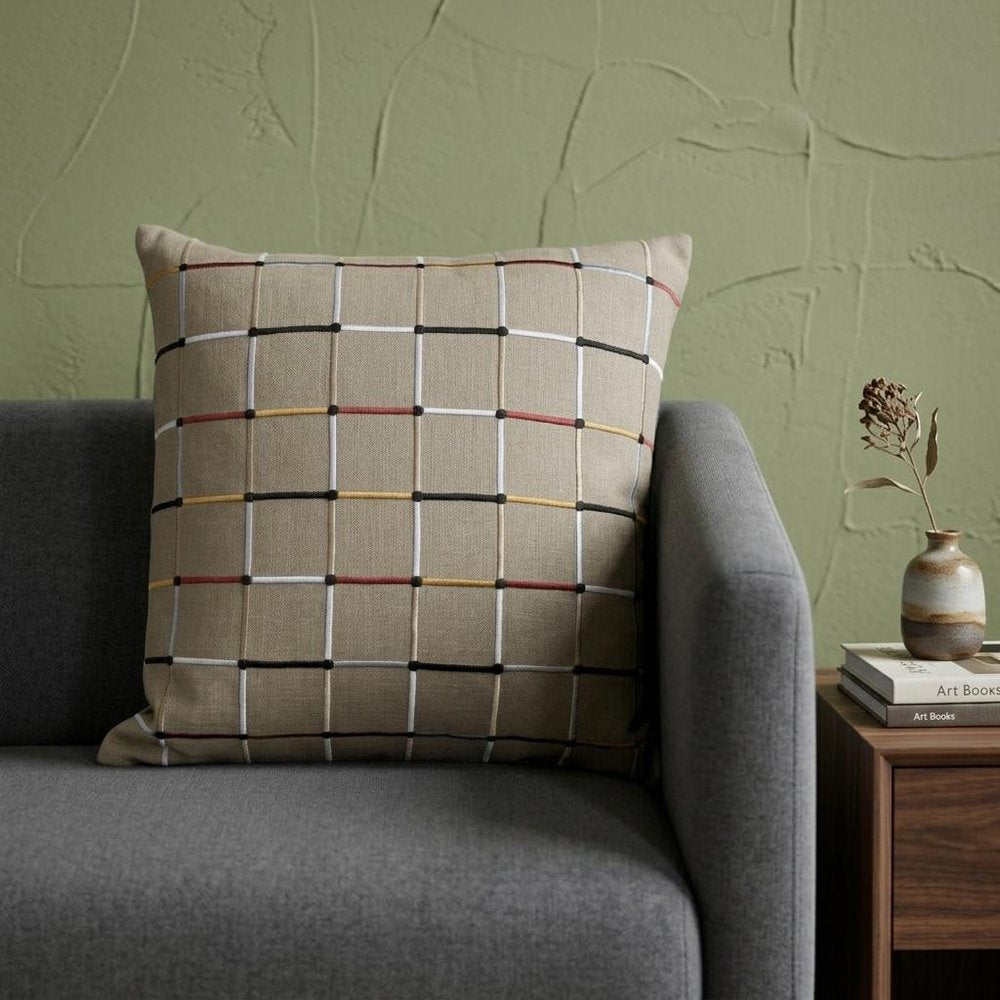 24" Beige And White Check Cotton Blend Throw Pillow Cover