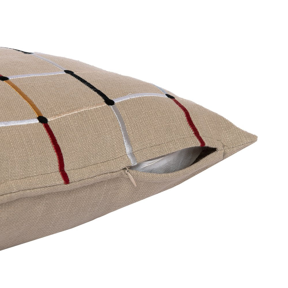 24" Beige And White Check Cotton Blend Throw Pillow Cover