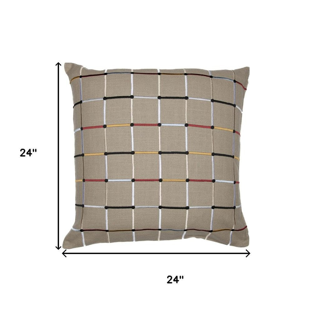 24" Tan And Ivory Check Cotton Blend Throw Pillow Cover