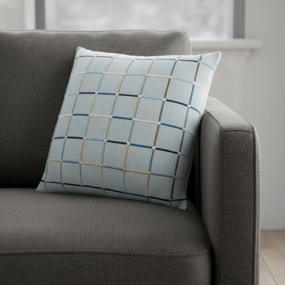 20" Light Blue And Ivory Check Cotton Blend Throw Pillow Cover