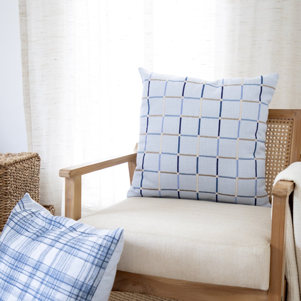 20" Light Blue And Ivory Check Cotton Blend Throw Pillow Cover