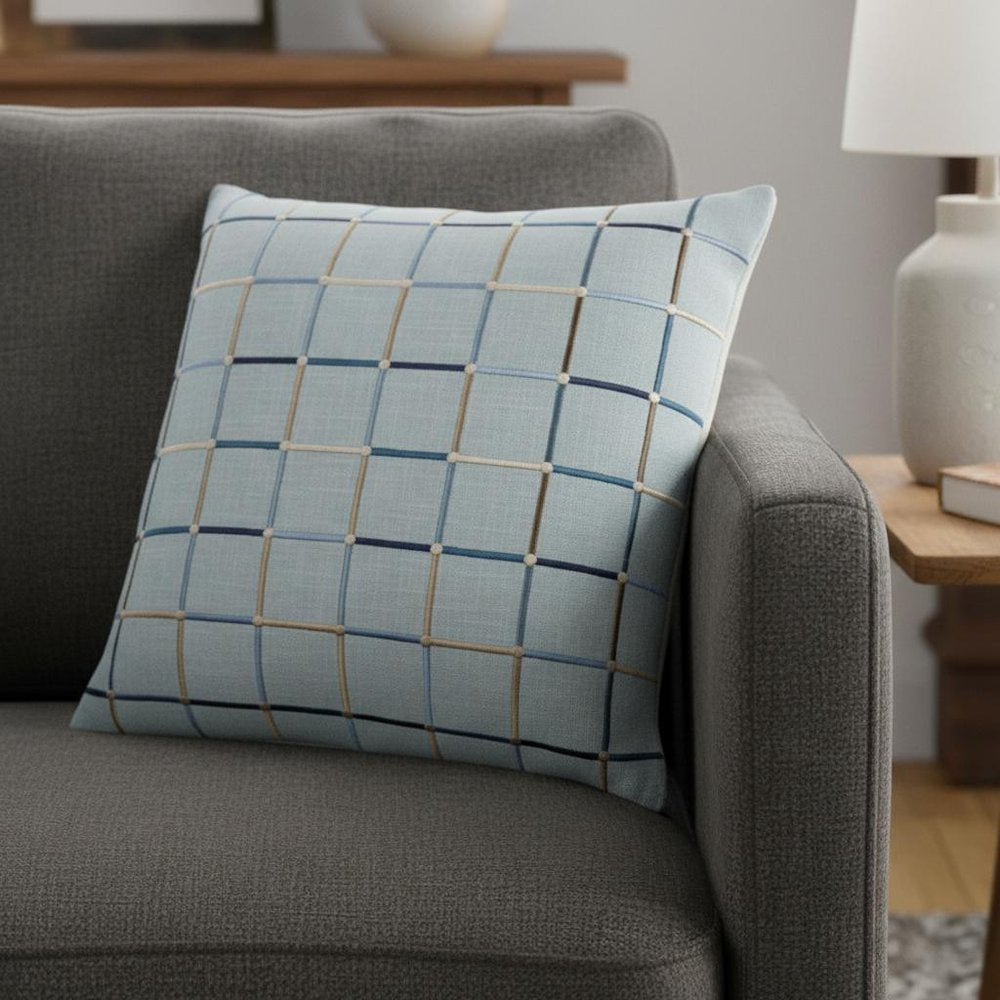 24" Blue Tan And White Check Cotton Blend Throw Pillow Cover