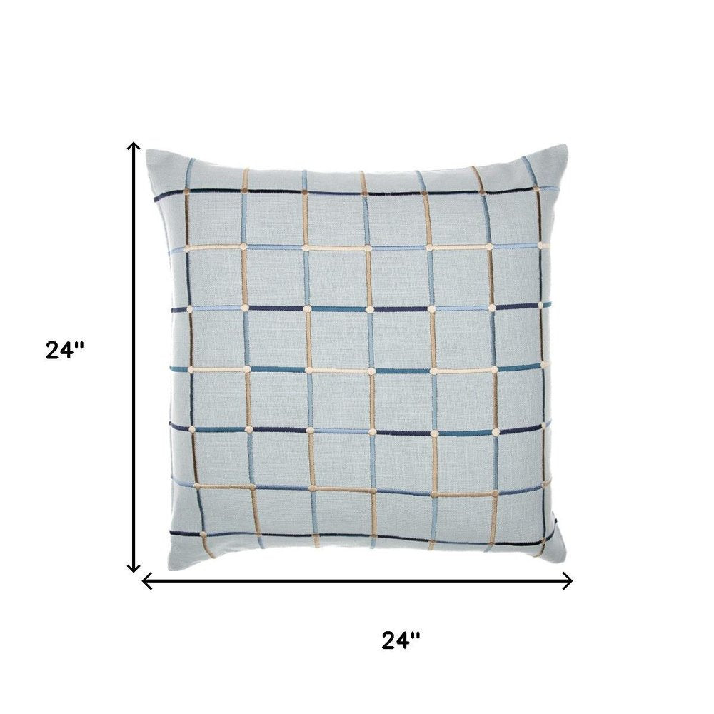 24" Light Blue And Ivory Check Cotton Blend Throw Pillow Cover