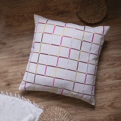 20" Cream Brown And Pink Check Cotton Blend Throw Pillow Cover
