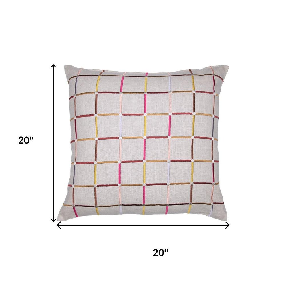 20" Cream Brown And Pink Check Cotton Blend Throw Pillow Cover