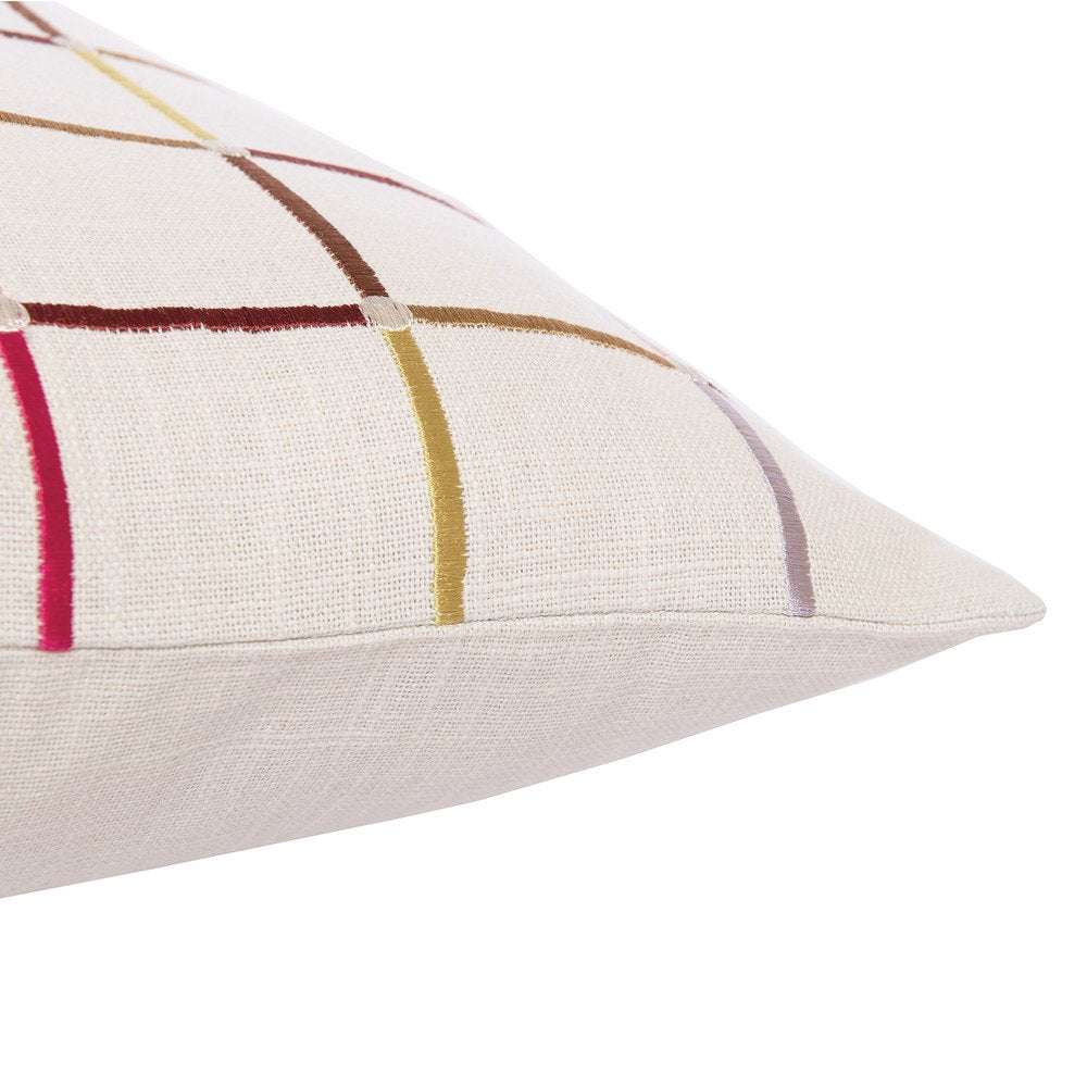 20" Cream Brown And Pink Check Cotton Blend Throw Pillow Cover