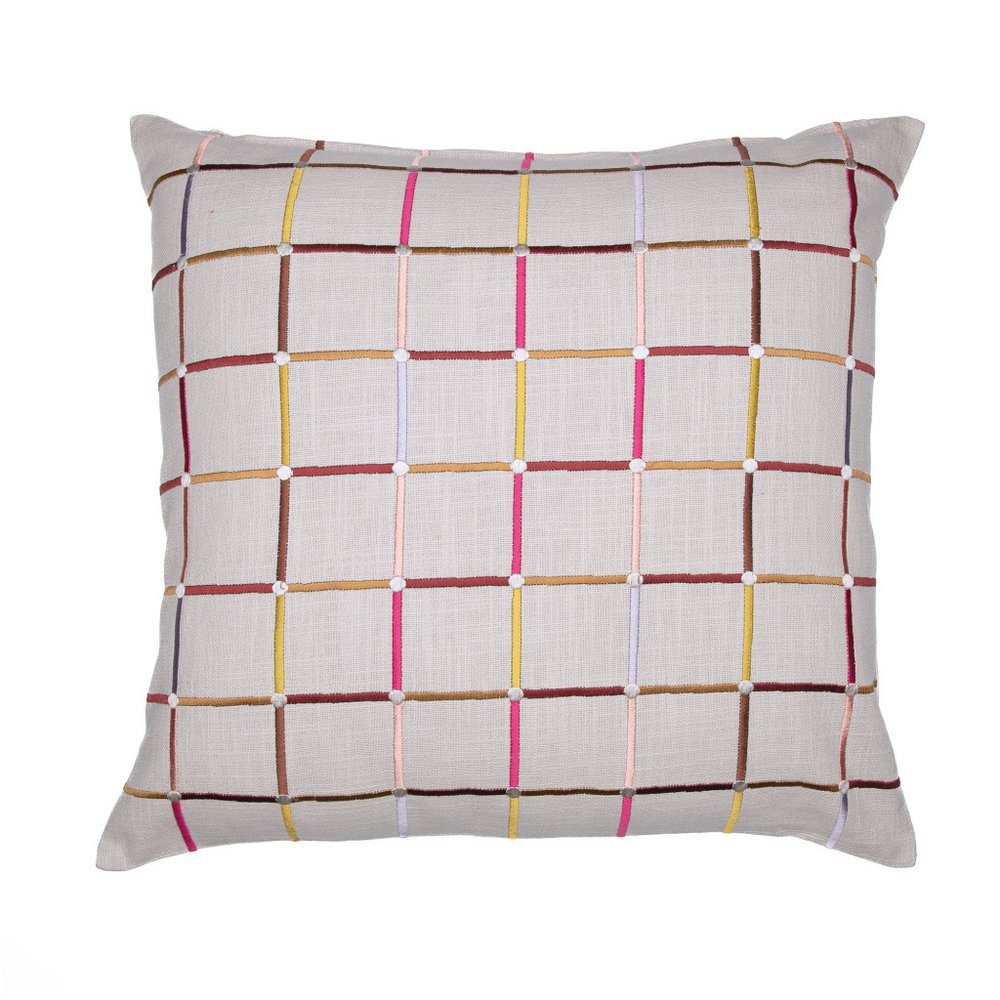 24" Cream Brown And Pink Check Cotton Blend Throw Pillow Cover