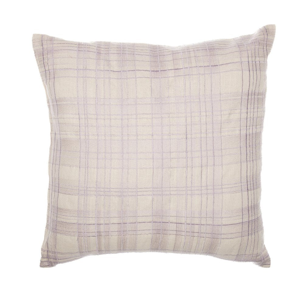 20" Ivory And Purple Check Cotton Blend Throw Pillow Cover