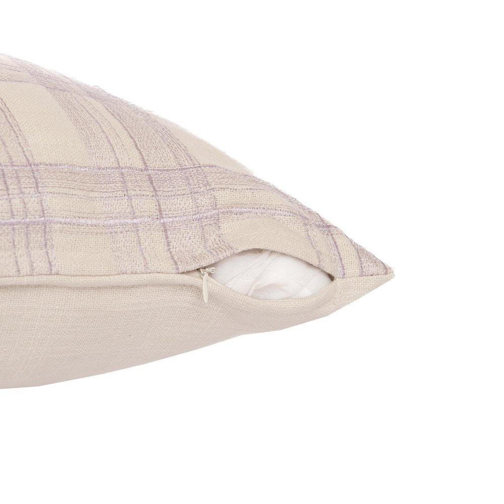 24" Ivory And Lilac Check Cotton Blend Throw Pillow Cover