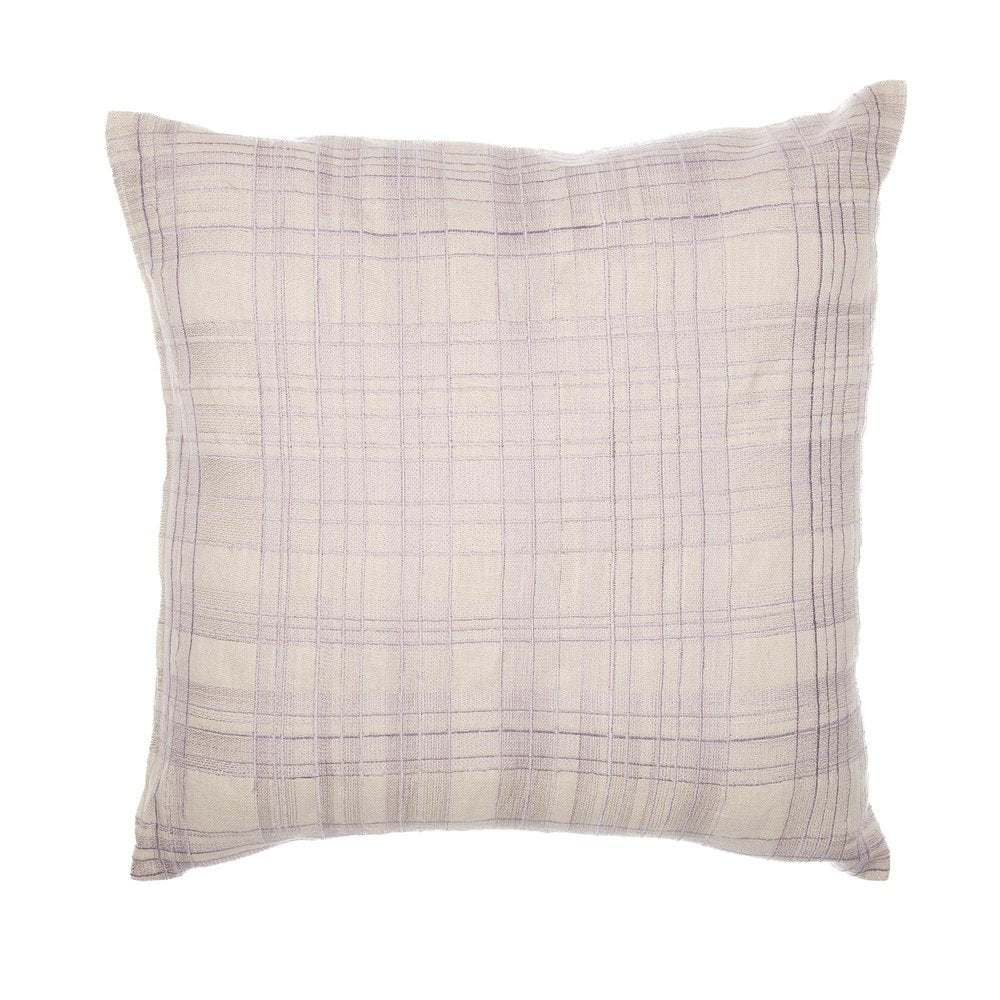 24" Ivory And Lilac Check Cotton Blend Throw Pillow Cover