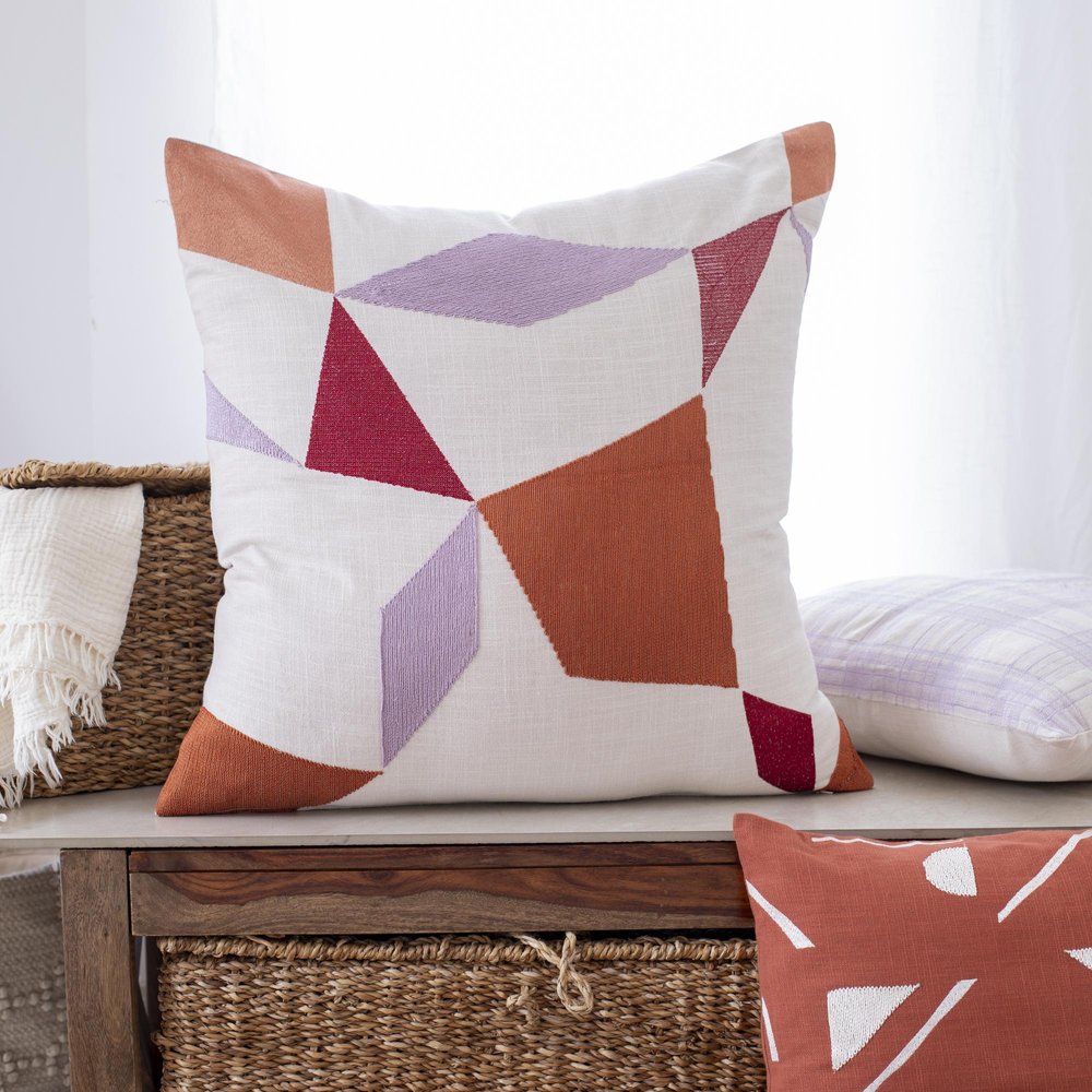 24" Ivory And Lilac Check Cotton Blend Throw Pillow Cover