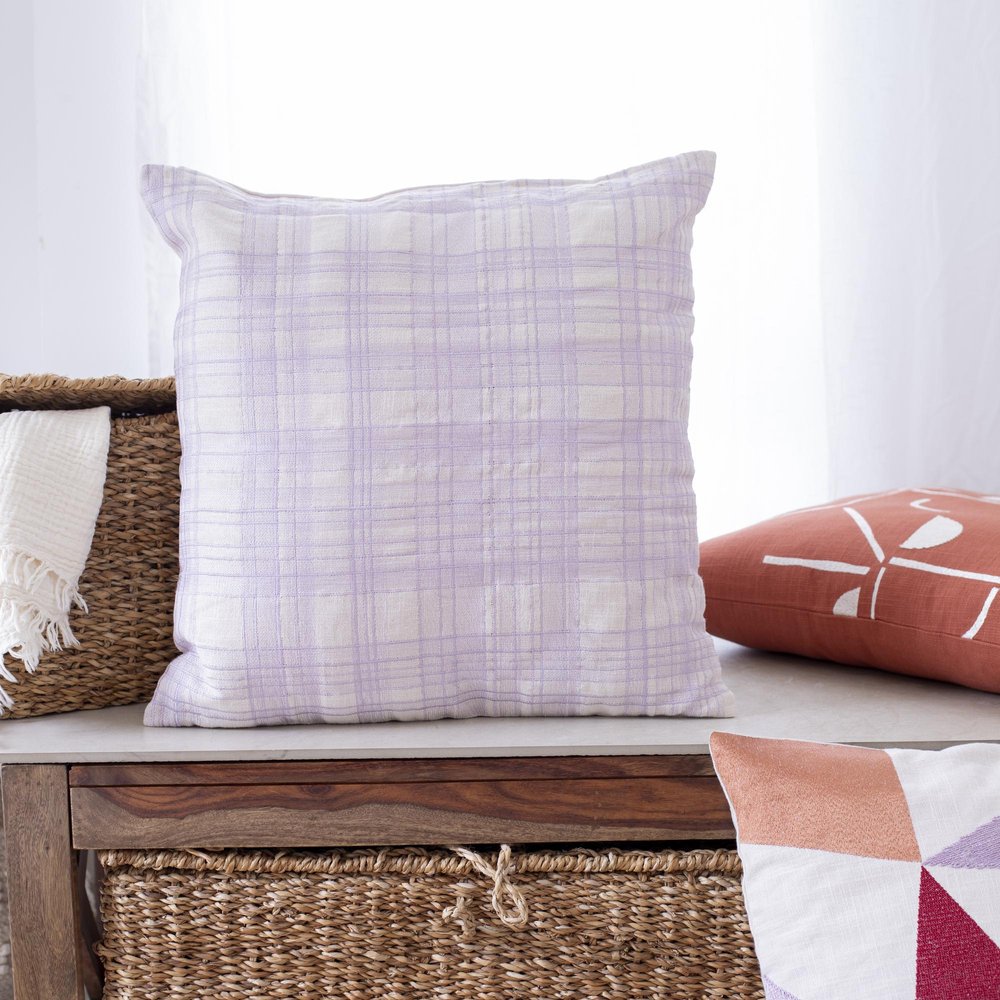 24" Ivory And Lilac Check Cotton Blend Throw Pillow Cover