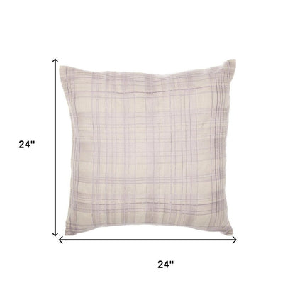 24" Ivory And Lilac Check Cotton Blend Throw Pillow Cover
