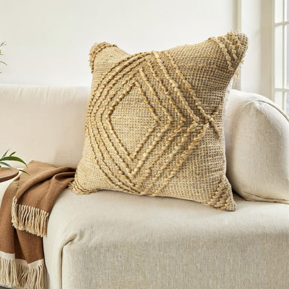 22" Natural And Brown Diamond Cotton Throw Pillow Cover