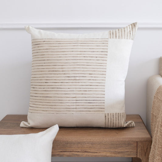 24" White And Beige Check Silk Throw Pillow Cover