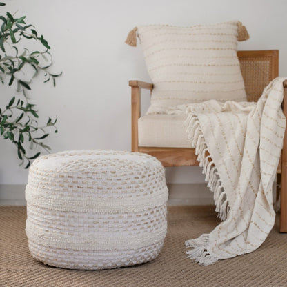 20" White And Beige Striped Cotton Blend Throw Pillow Cover