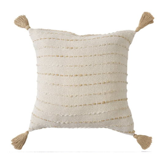 20" White And Beige Striped Cotton Blend Throw Pillow Cover with Tassels Embroidery And Texture