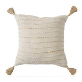 20" White And Beige Striped Cotton Blend Throw Pillow Cover with Tassels Embroidery And Texture