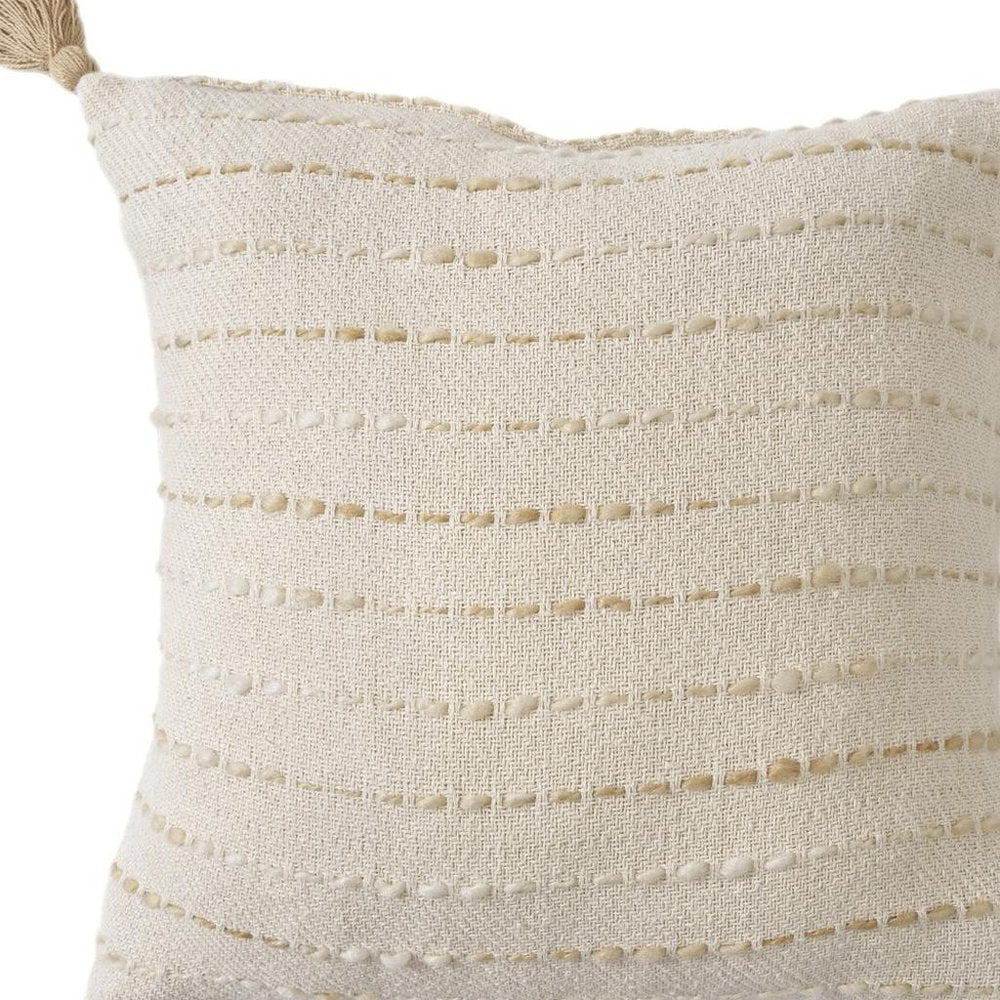 20" White And Beige Striped Cotton Blend Throw Pillow Cover with Tassels Embroidery And Texture