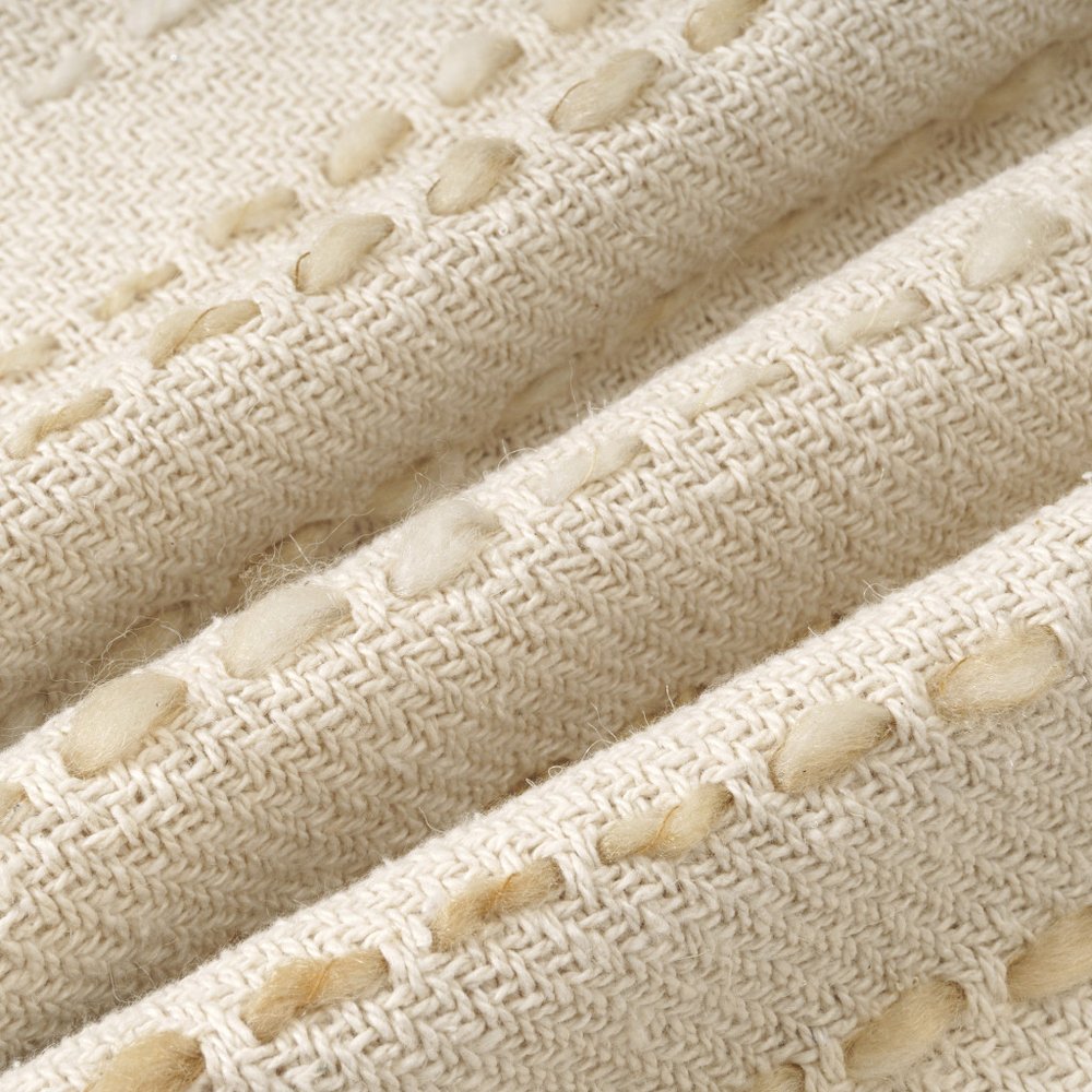20" White And Beige Striped Cotton Blend Throw Pillow Cover with Tassels Embroidery And Texture