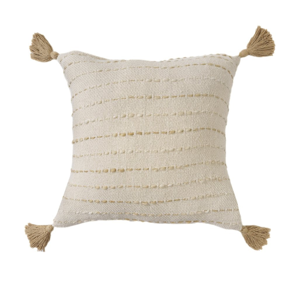 20" White And Beige Striped Cotton Blend Throw Pillow Cover with Tassels Embroidery And Texture