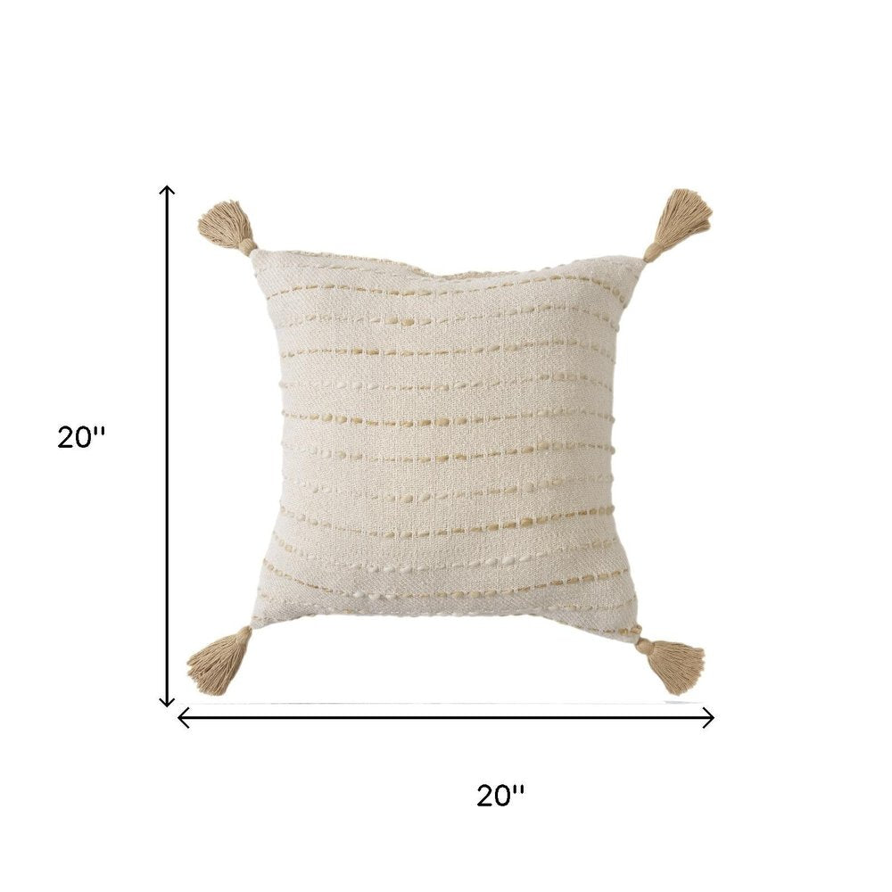 20" White And Beige Striped Cotton Blend Throw Pillow Cover with Tassels Embroidery And Texture
